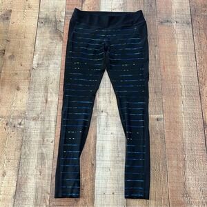Athleta XS Black Leggings Mesh Waist Holographic Stripe Detail Workout Gym
